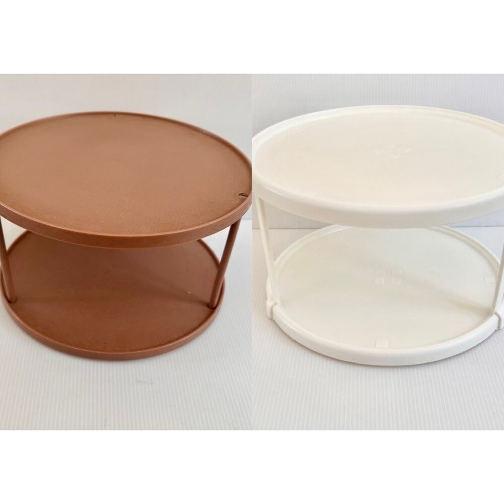 2 Vintage 70s Rubbermaid Brown White Tier Lazy Susan Spice Rack Space Saver